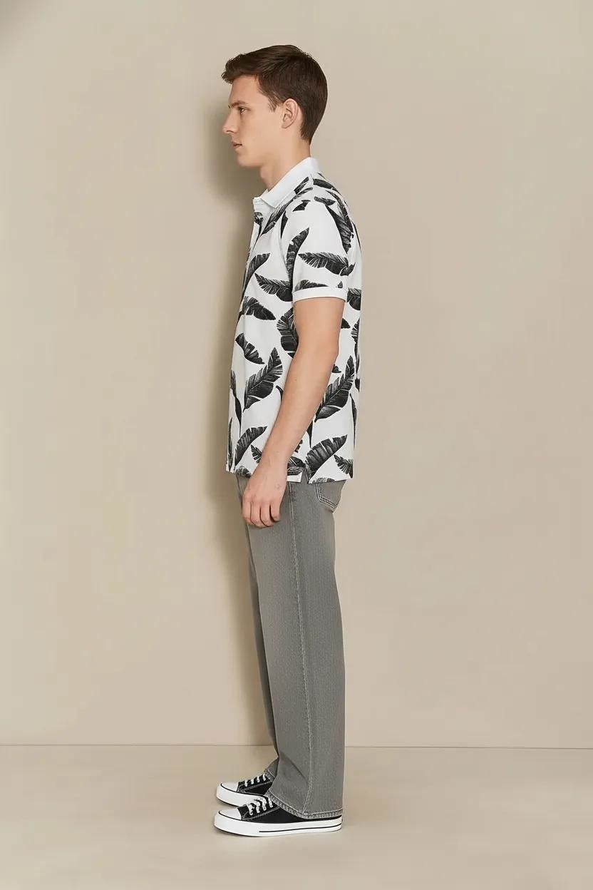 Men Charcoal Floral Printed Polo Collar Tropical T-shirt