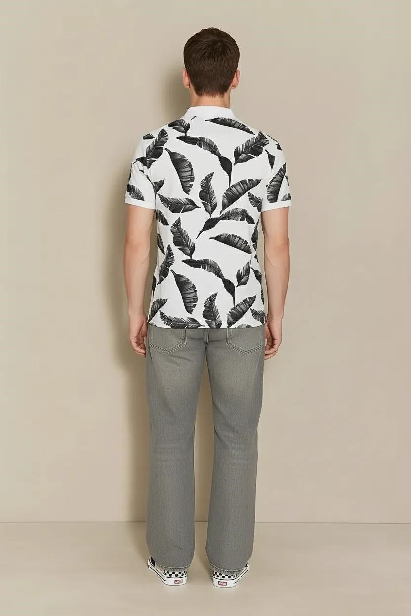 Men Charcoal Floral Printed Polo Collar Tropical T-shirt