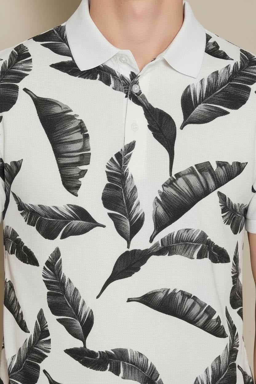 Men Charcoal Floral Printed Polo Collar Tropical T-shirt