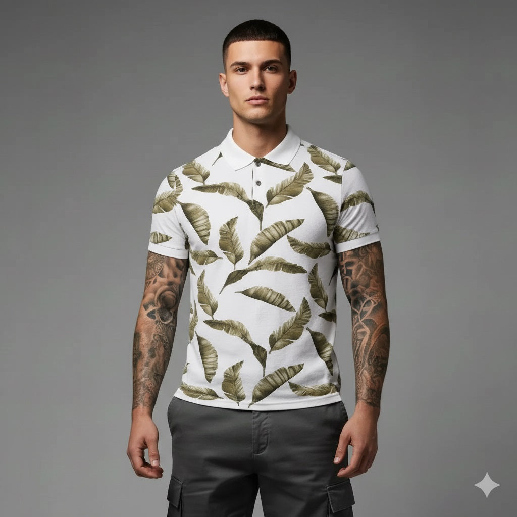 Men Linen Floral Printed Polo Collar Tropical T-shirt