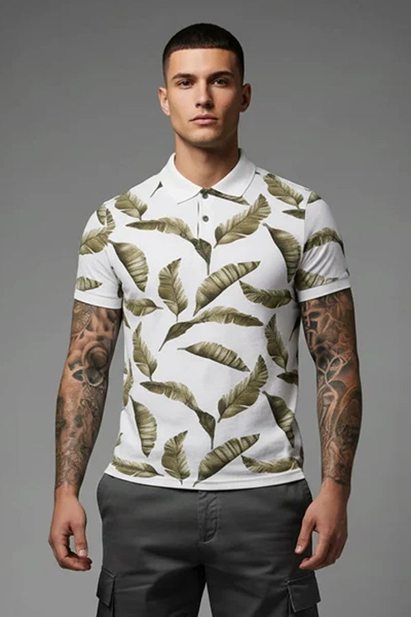 Men Floral Printed Polo Collar Tropical T-shirt