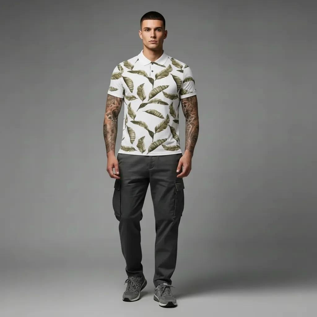 Men Linen Floral Printed Polo Collar Tropical T-shirt