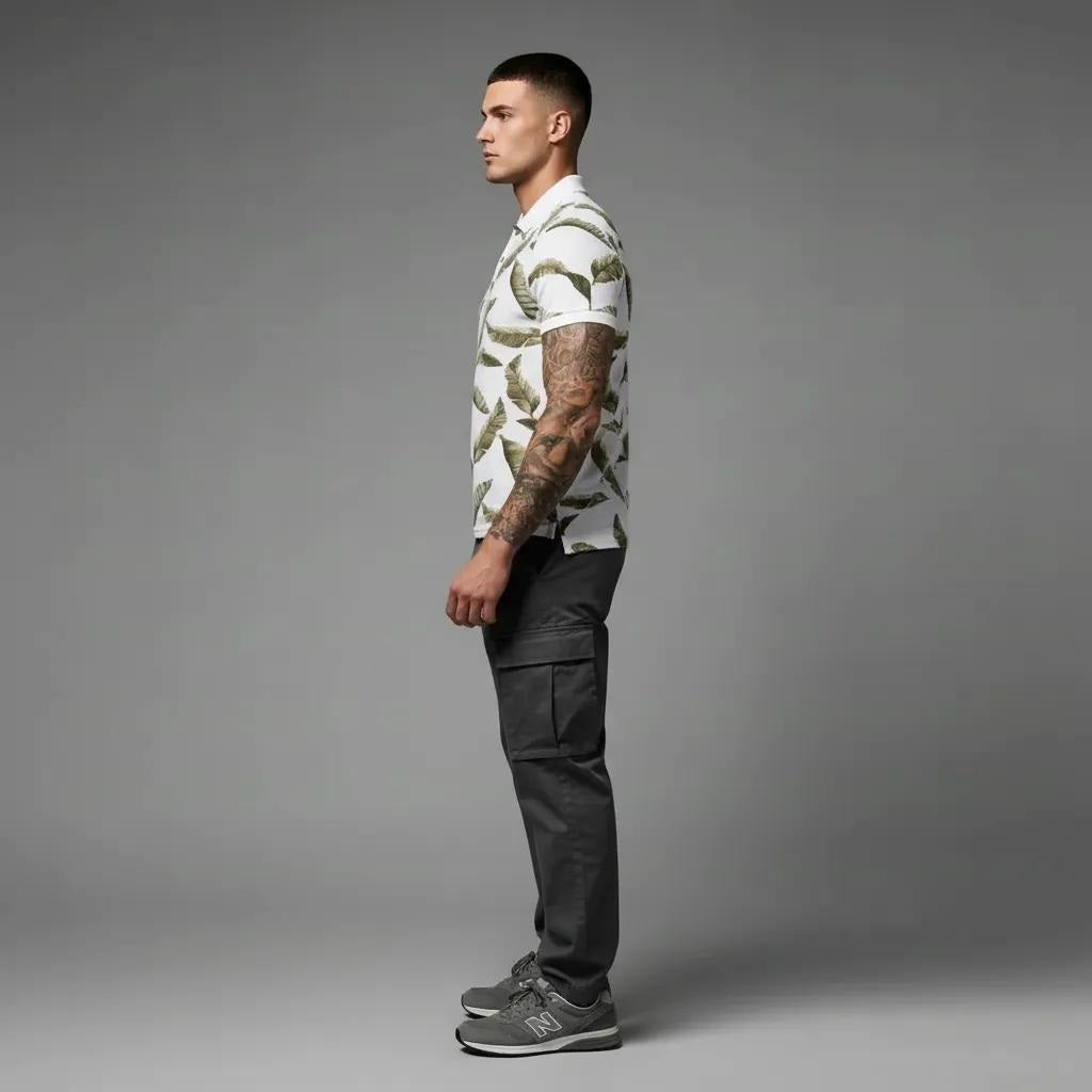 Men Linen Floral Printed Polo Collar Tropical T-shirt
