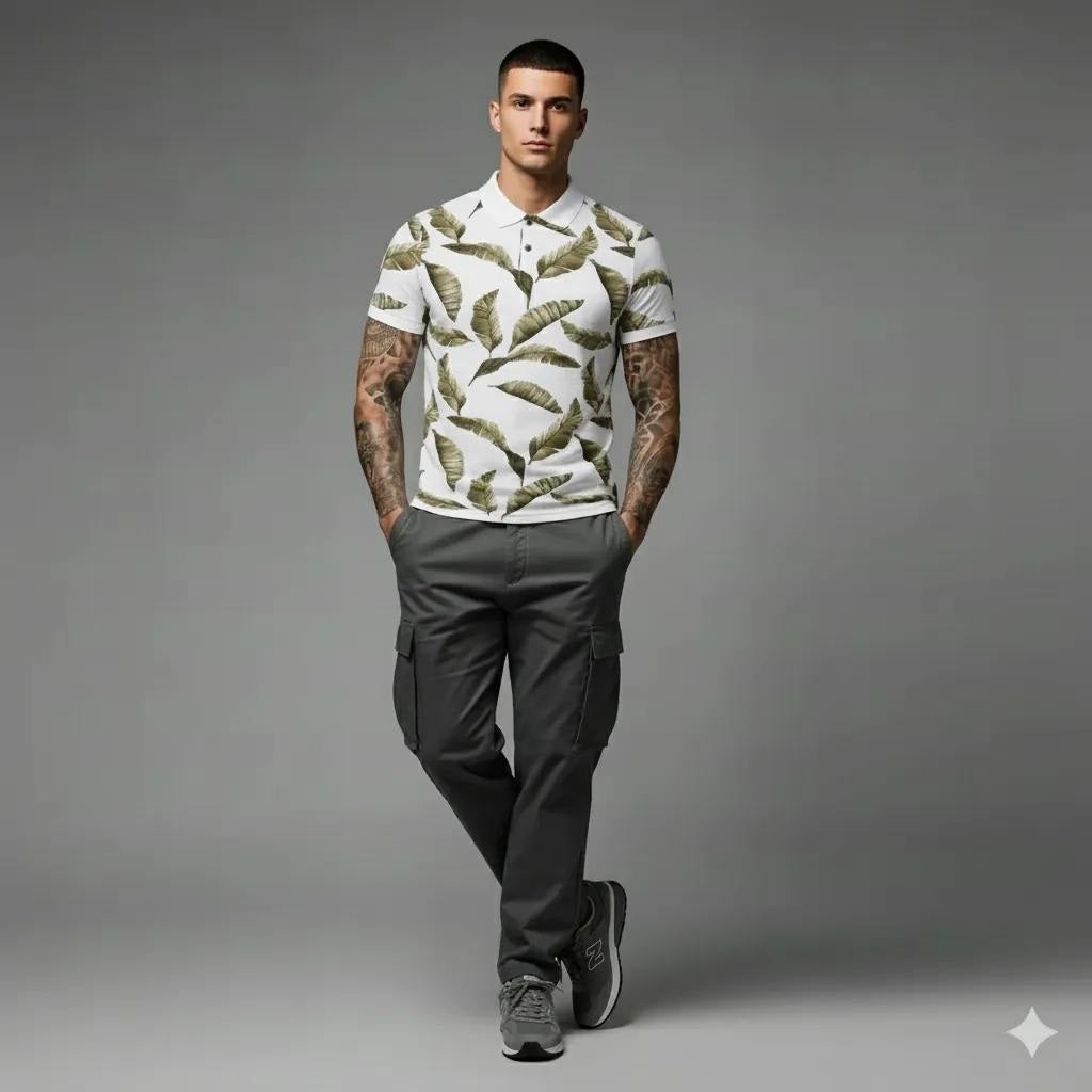 Men Linen Floral Printed Polo Collar Tropical T-shirt
