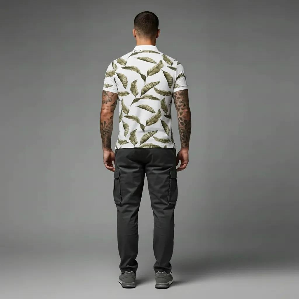 Men Linen Floral Printed Polo Collar Tropical T-shirt