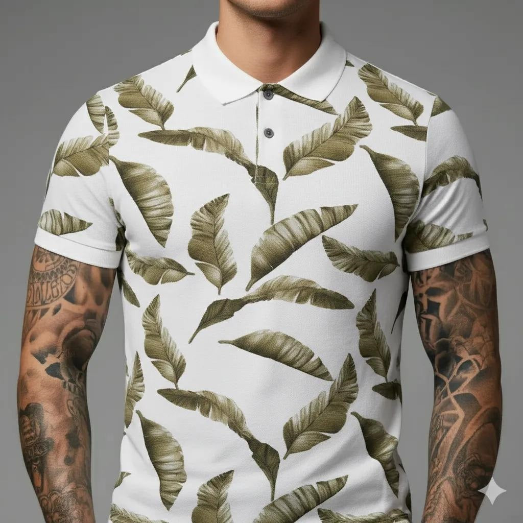 Men Linen Floral Printed Polo Collar Tropical T-shirt