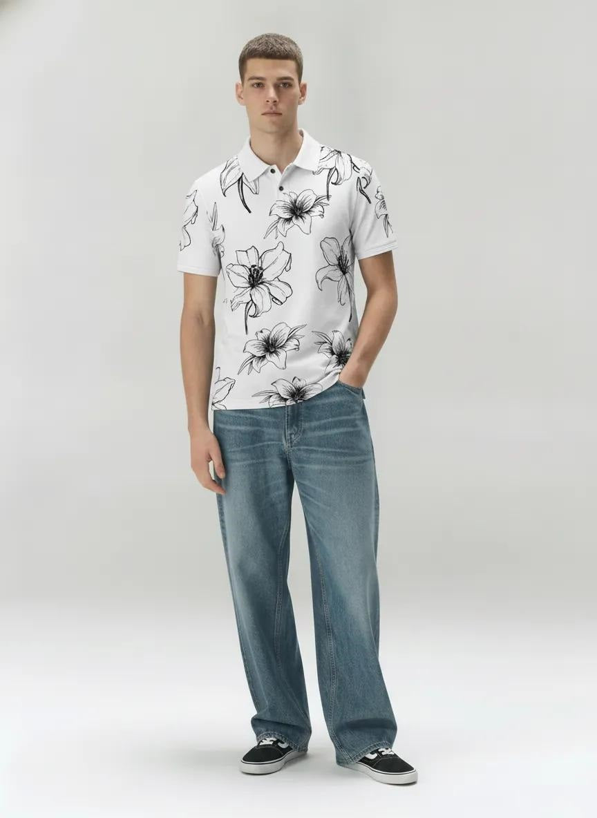 Men Navy Floral Printed Polo Collar T-shirt