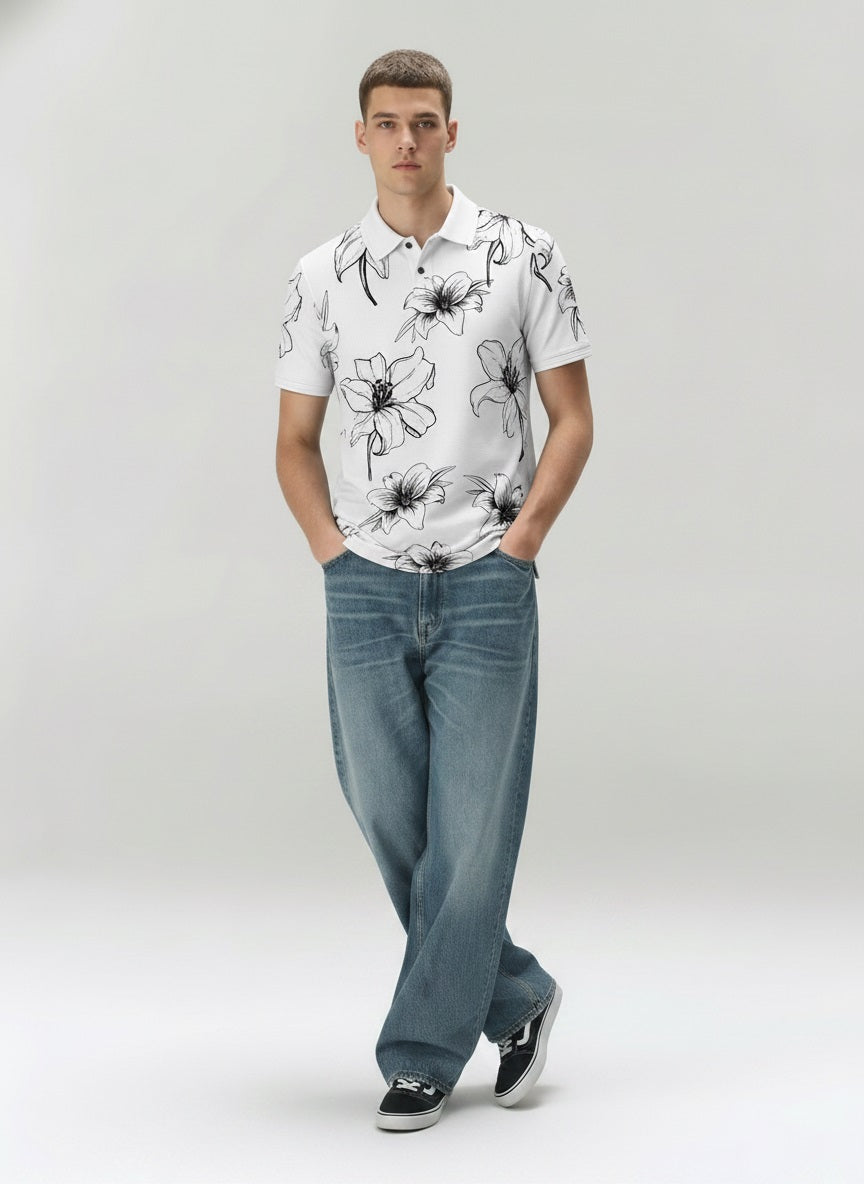 Men Navy Floral Printed Polo Collar T-shirt