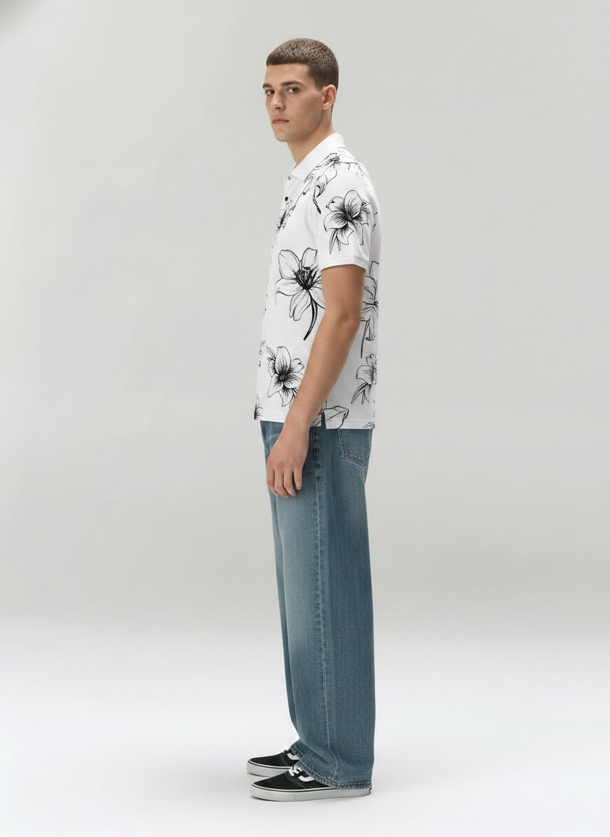 Men Navy Floral Printed Polo Collar T-shirt