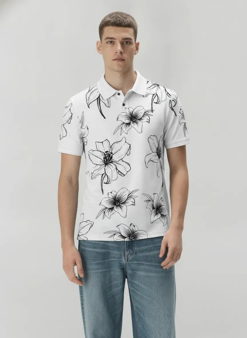 Men Navy Floral Printed Polo Collar T-shirt