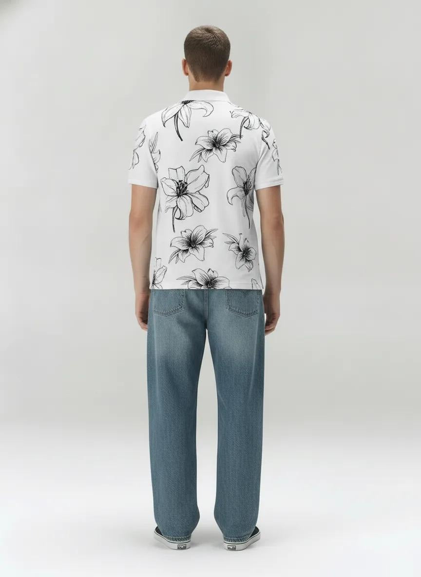 Men Navy Floral Printed Polo Collar T-shirt