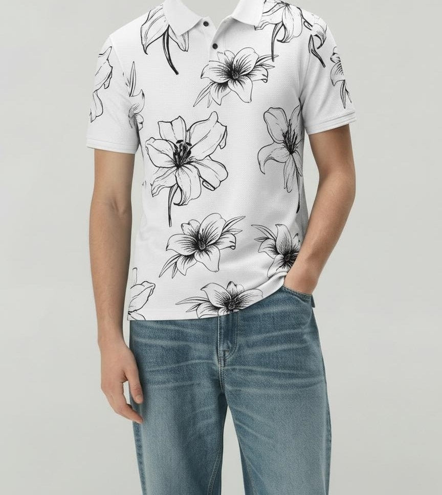 Men Navy Floral Printed Polo Collar T-shirt