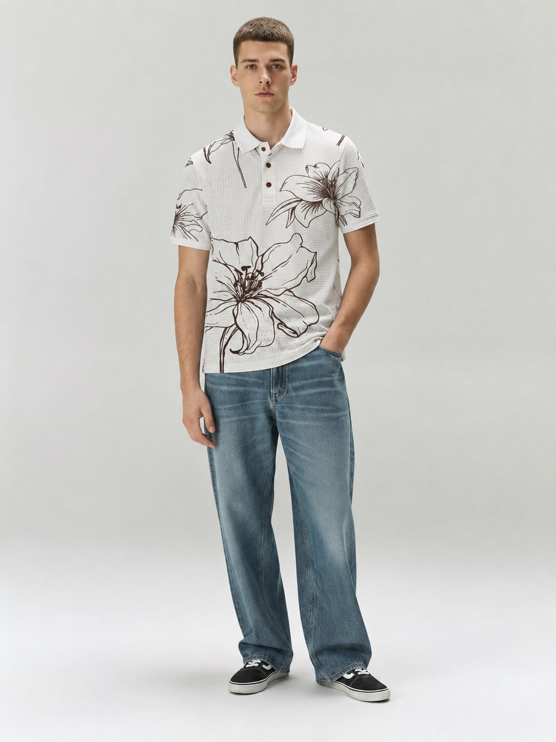Men Tobacco Floral Printed Polo Collar T-shirt