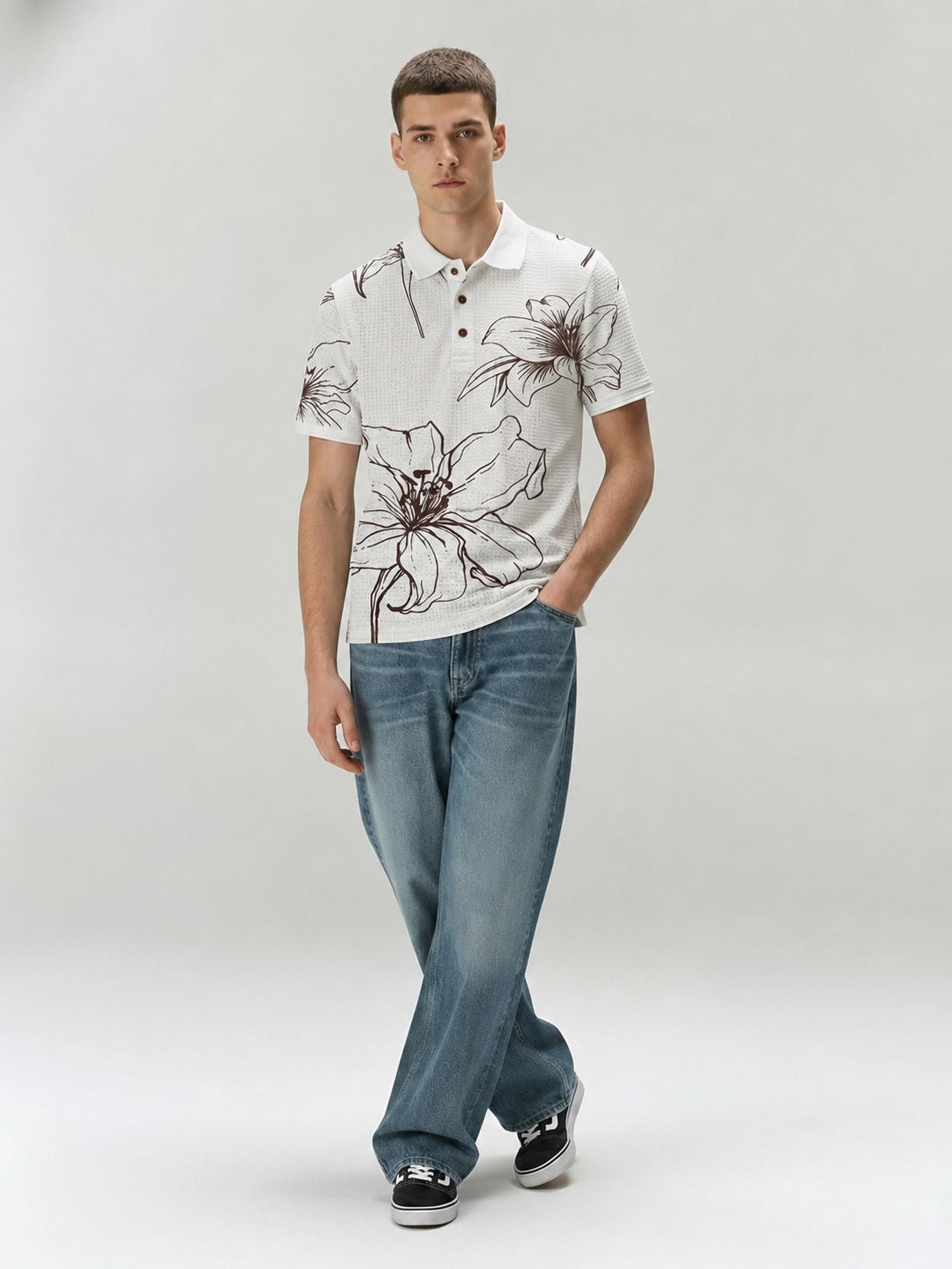 Men Tobacco Floral Printed Polo Collar T-shirt