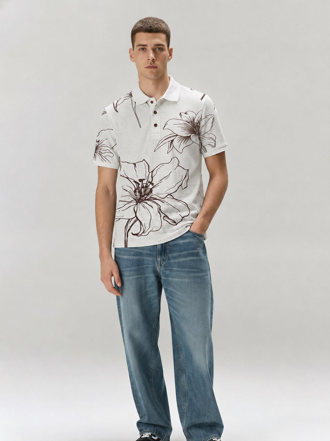 Men Tobacco Floral Printed Polo Collar T-shirt
