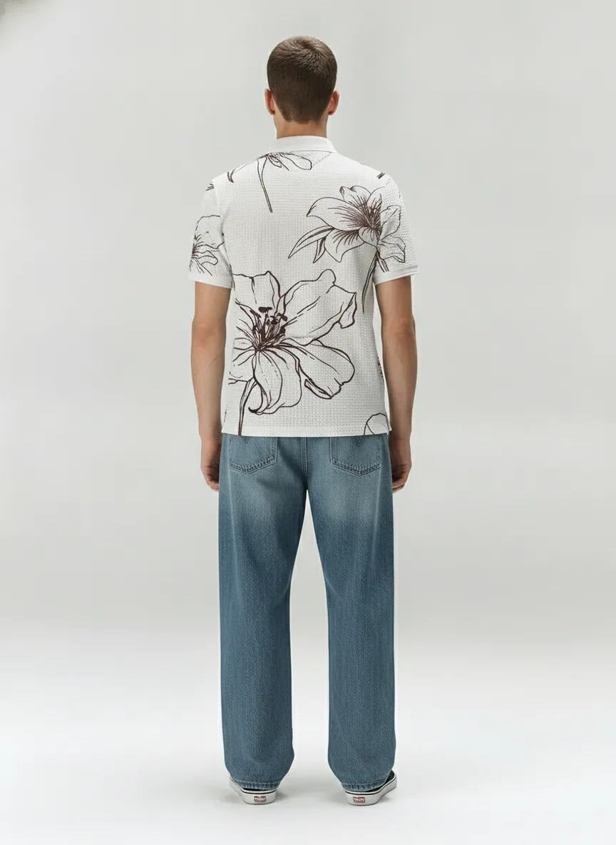 Men Tobacco Floral Printed Polo Collar T-shirt