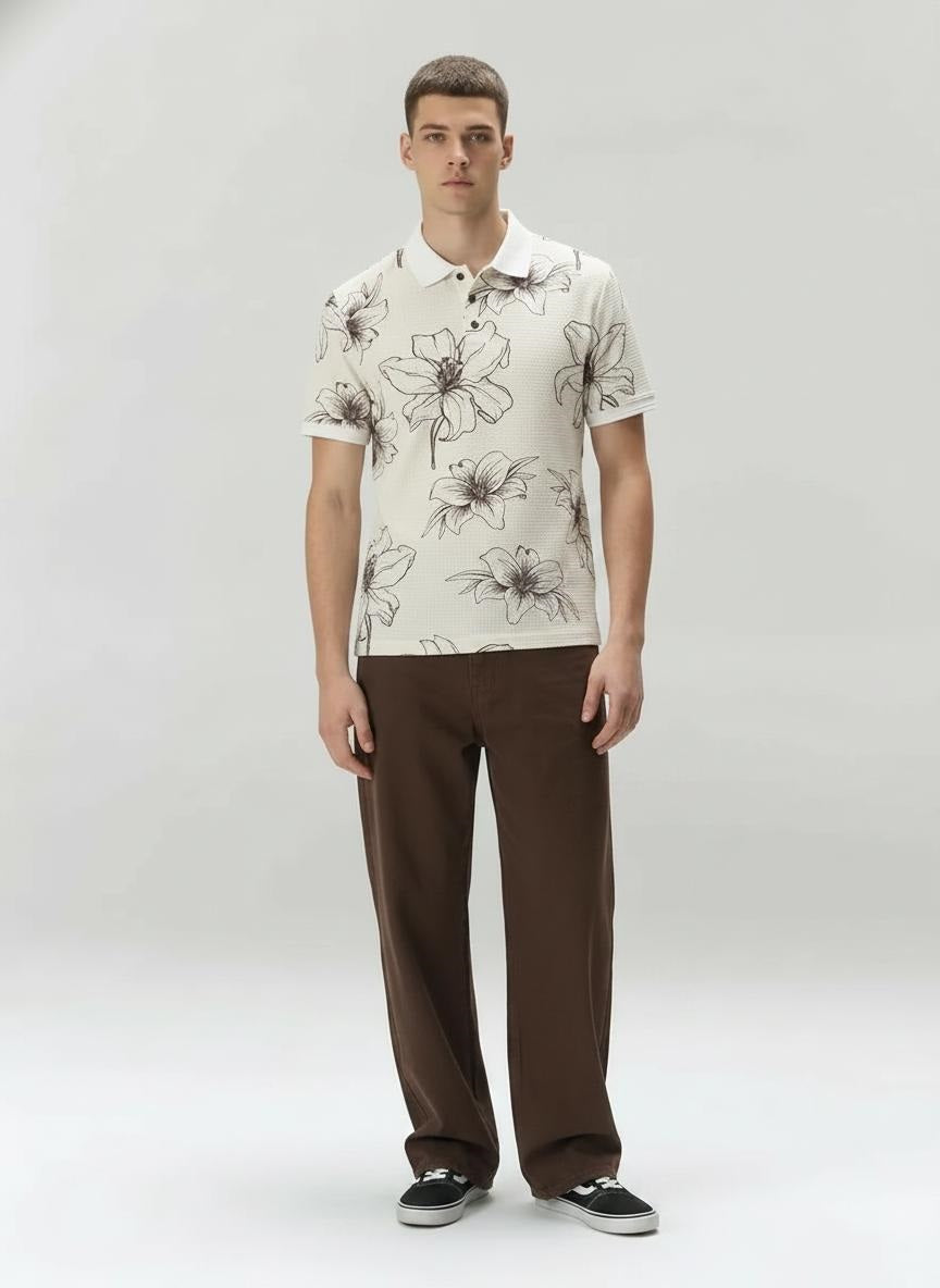 Men Tobacco Floral Printed Polo Collar T-shirt