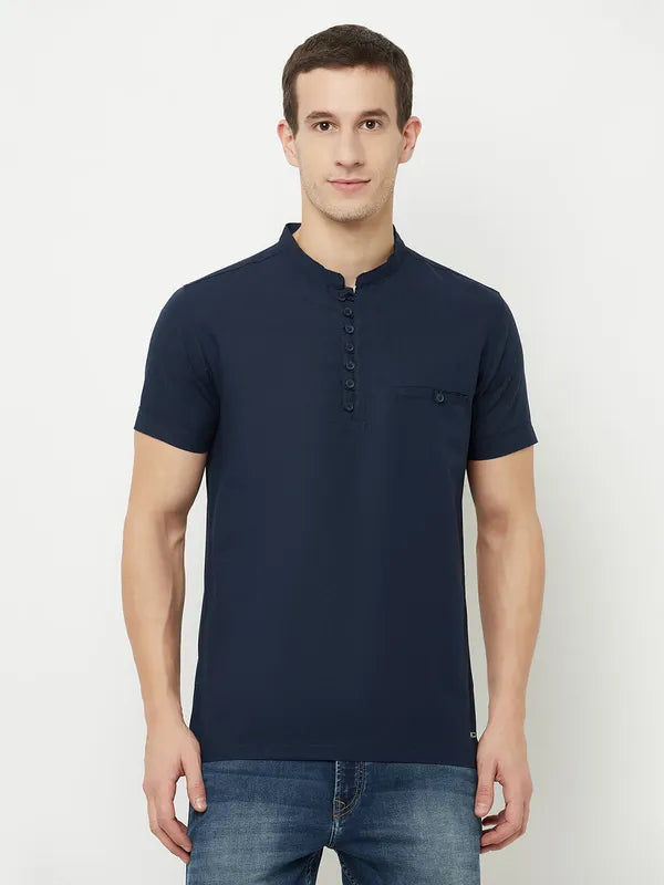 Octave Men Navy Blue Mandarin Collar T-Shirt
