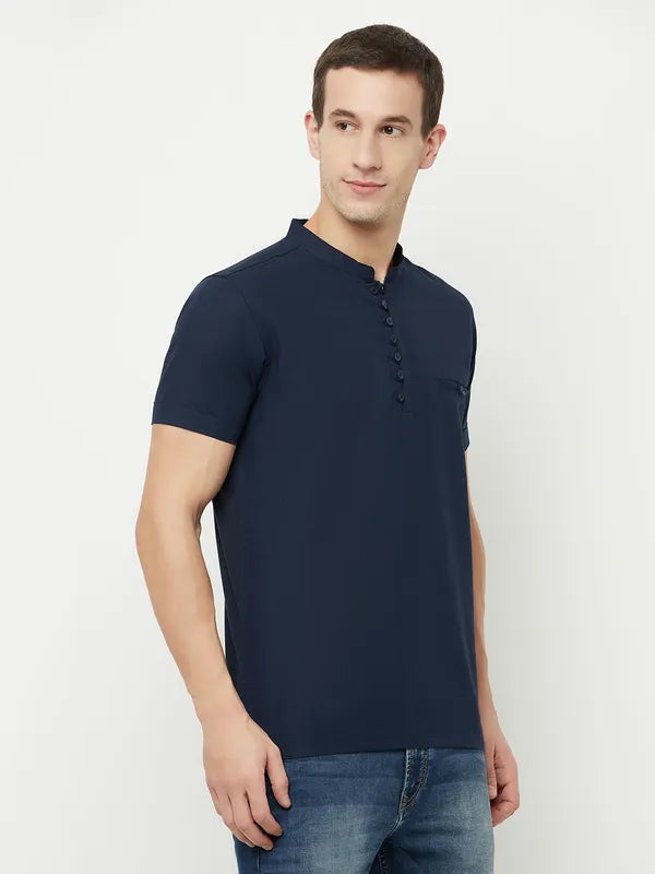 Octave Men Navy Blue Mandarin Collar T-Shirt