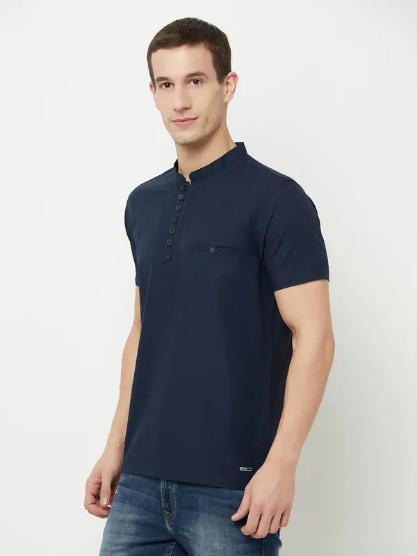 Octave Men Navy Blue Mandarin Collar T-Shirt