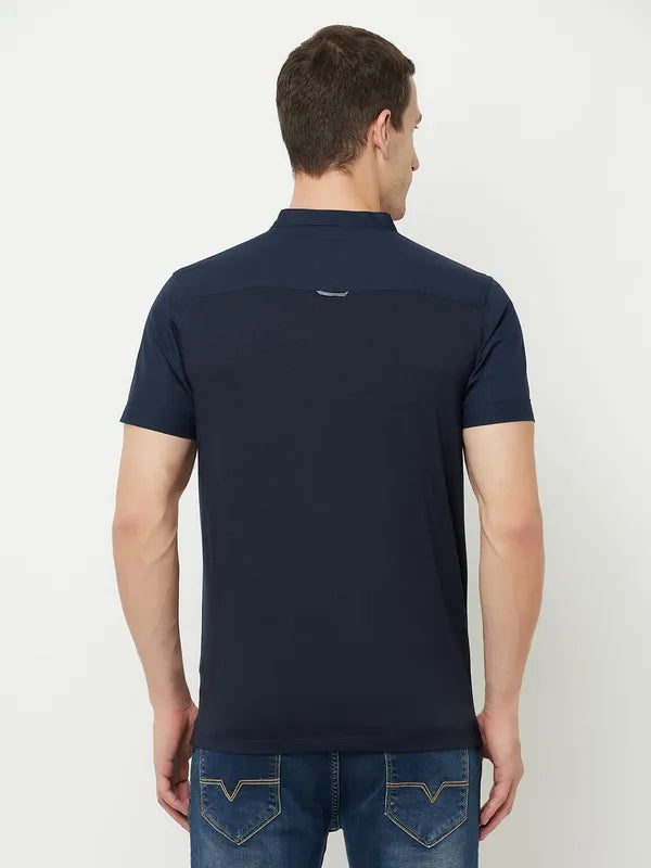 Octave Men Navy Blue Mandarin Collar T-Shirt