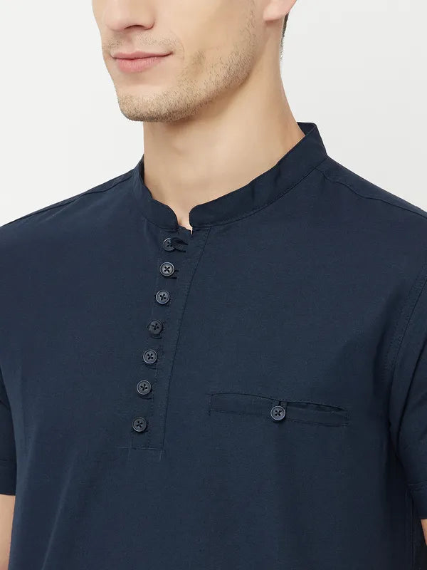 Octave Men Navy Blue Mandarin Collar T-Shirt