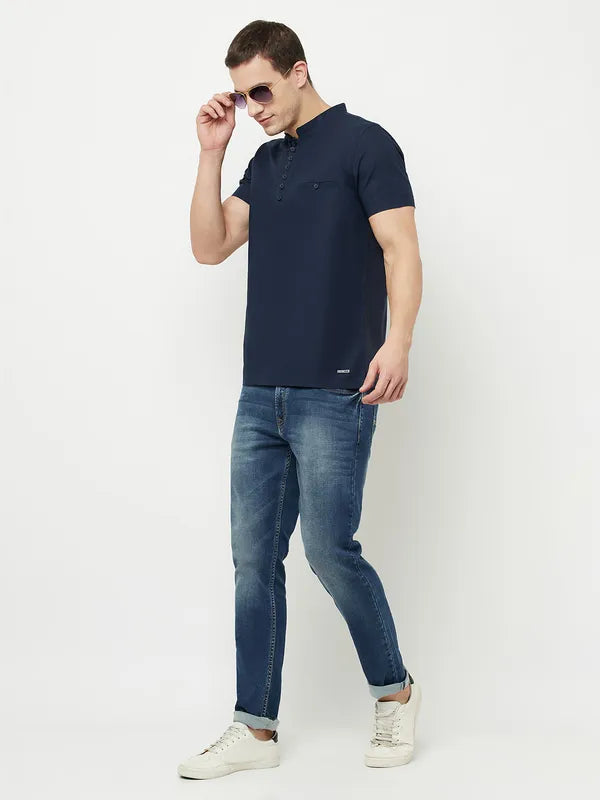 Octave Men Navy Blue Mandarin Collar T-Shirt