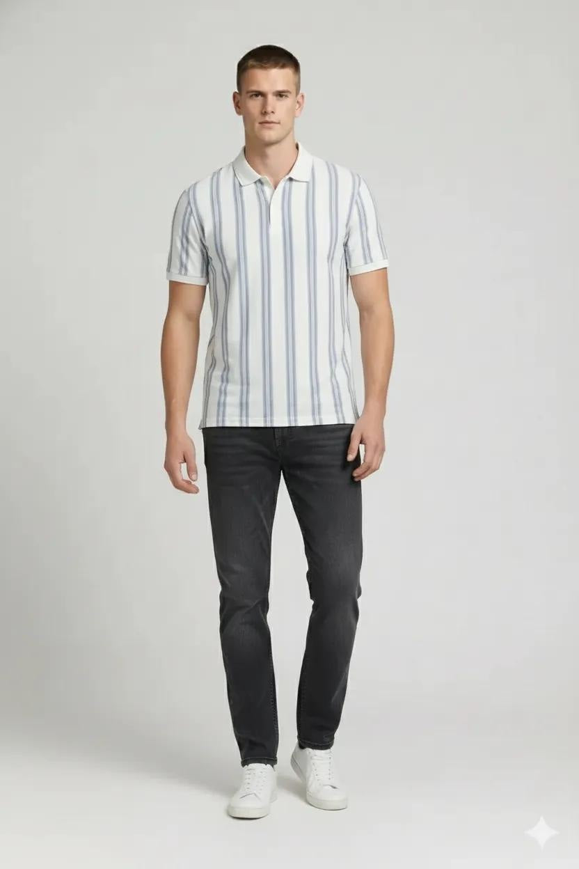 Men Oxford Blue Striped Polo Collar T-shirt