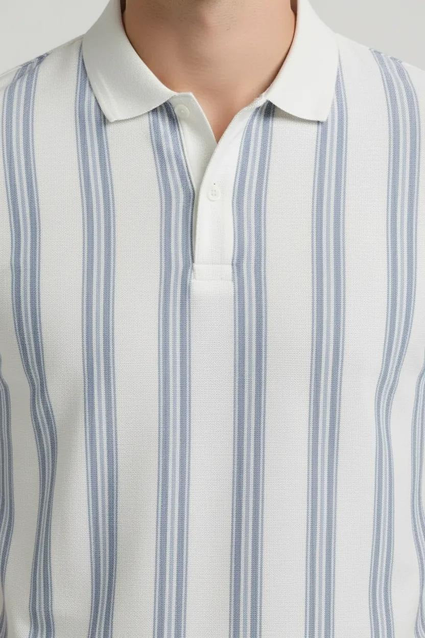 Men Oxford Blue Striped Polo Collar T-shirt