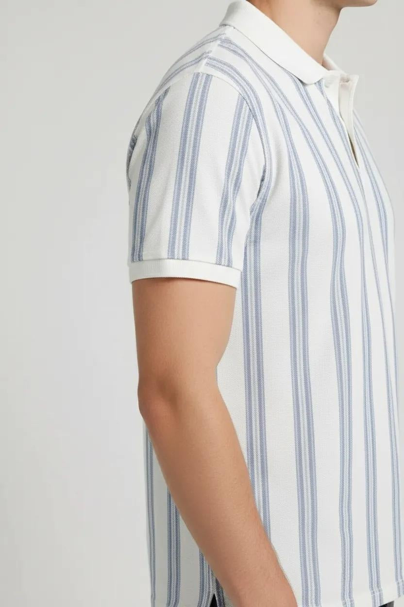 Men Oxford Blue Striped Polo Collar T-shirt