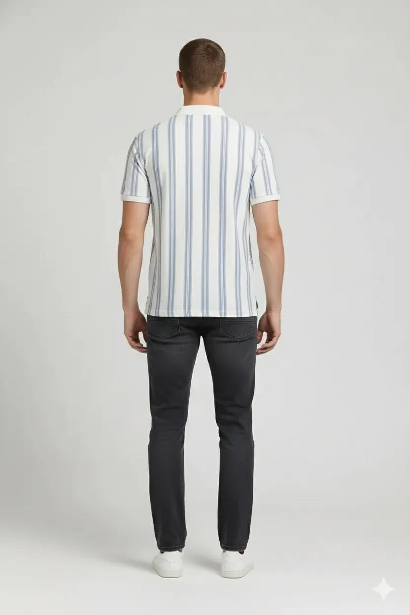 Men Oxford Blue Striped Polo Collar T-shirt