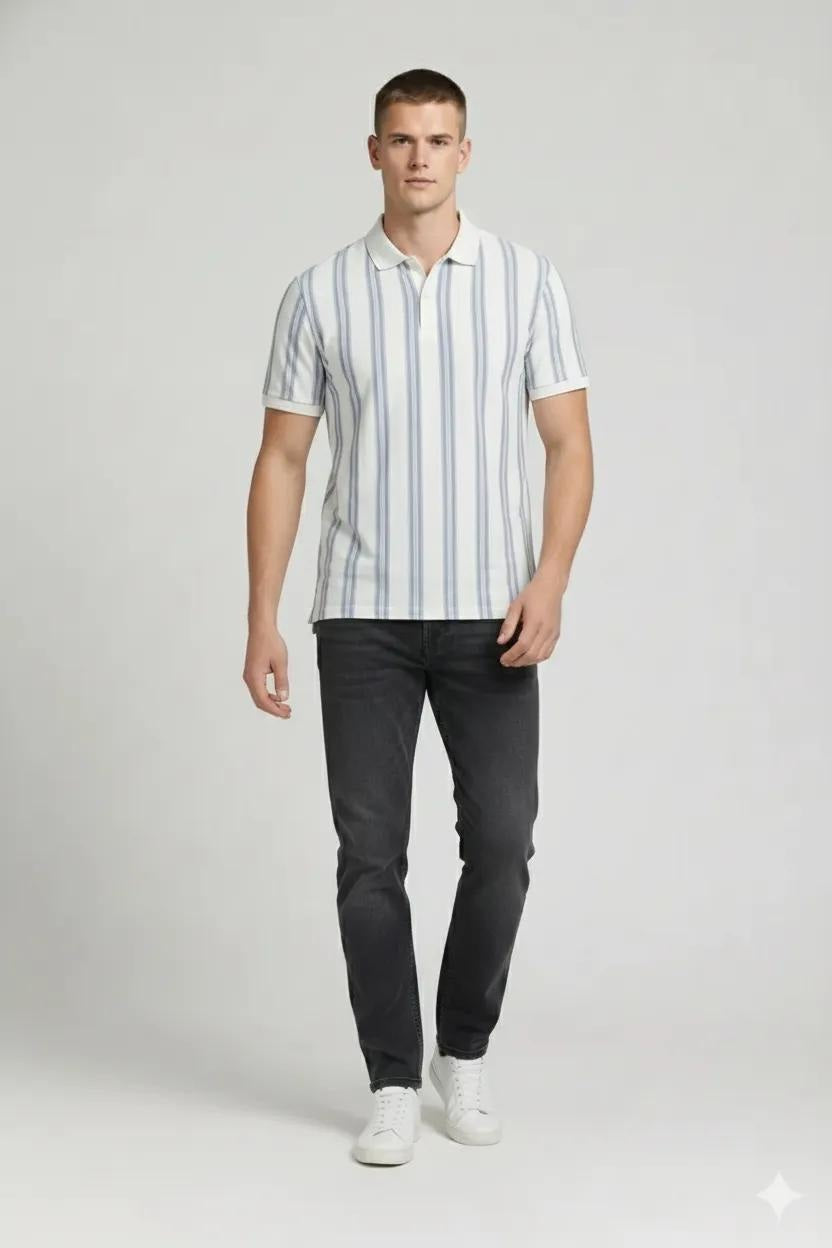 Men Oxford Blue Striped Polo Collar T-shirt