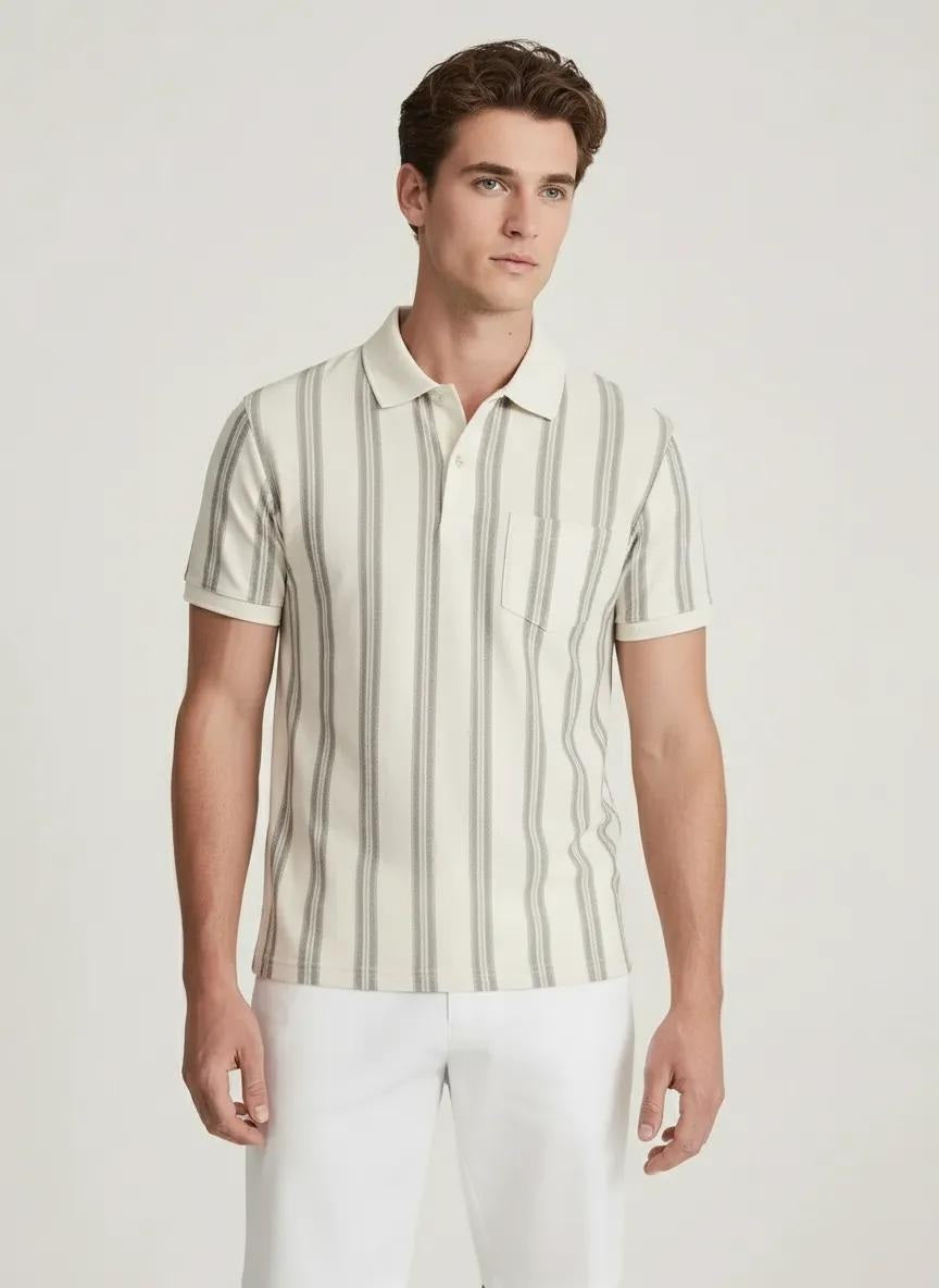 Men Sage Striped Polo Collar Pockets T-shirt