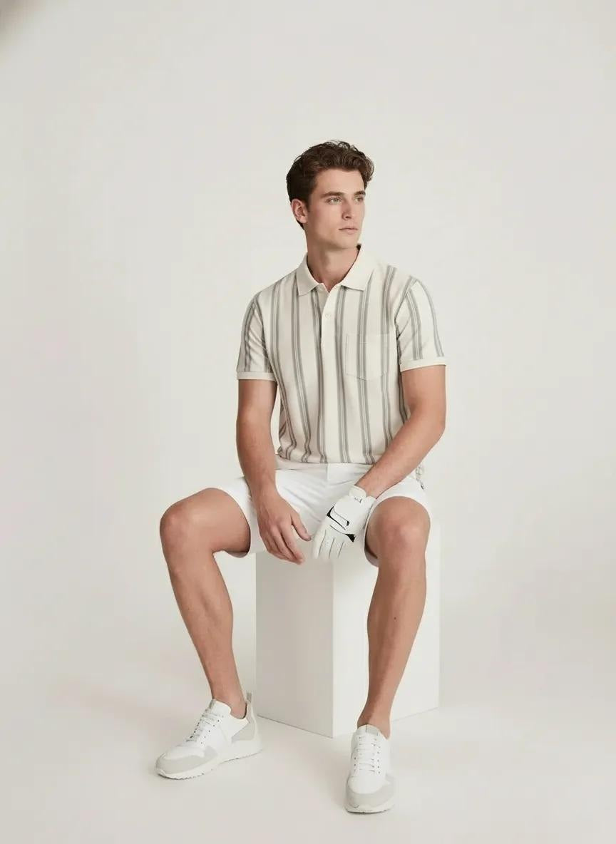 Men Sage Striped Polo Collar Pockets T-shirt