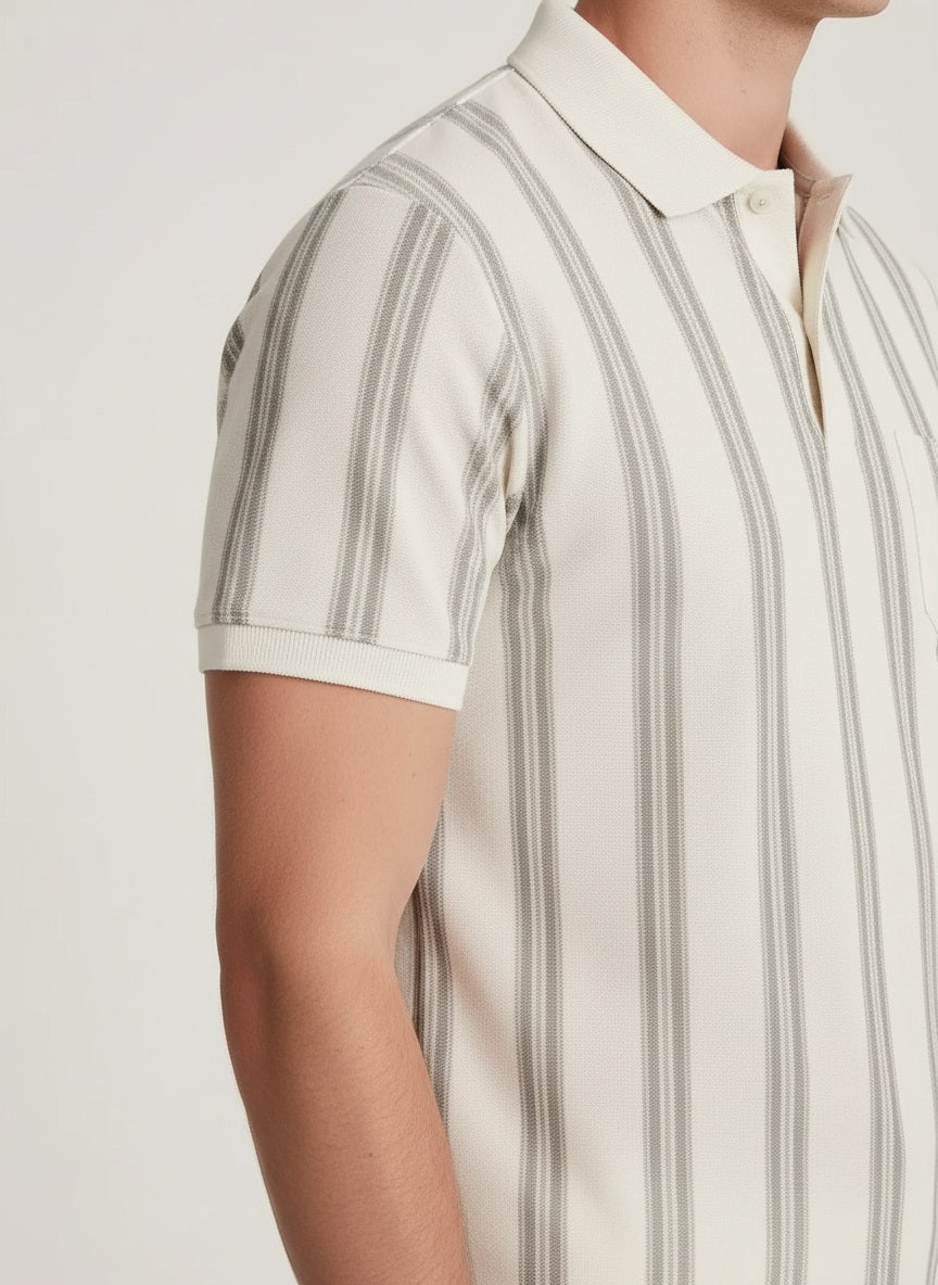 Men Sage Striped Polo Collar Pockets T-shirt