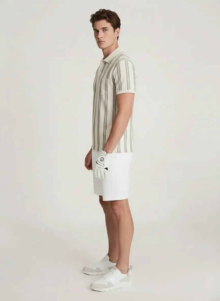 Men Sage Striped Polo Collar Pockets T-shirt