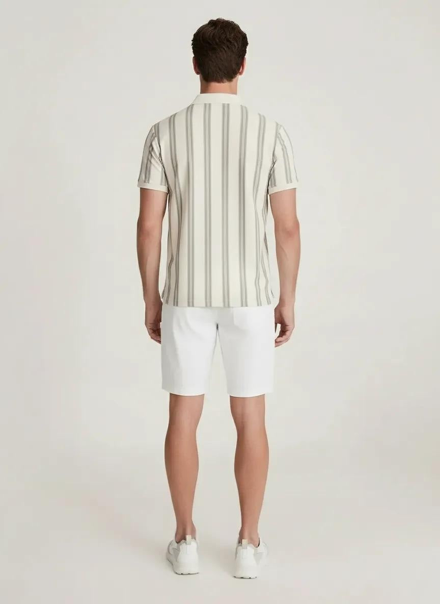 Men Sage Striped Polo Collar Pockets T-shirt
