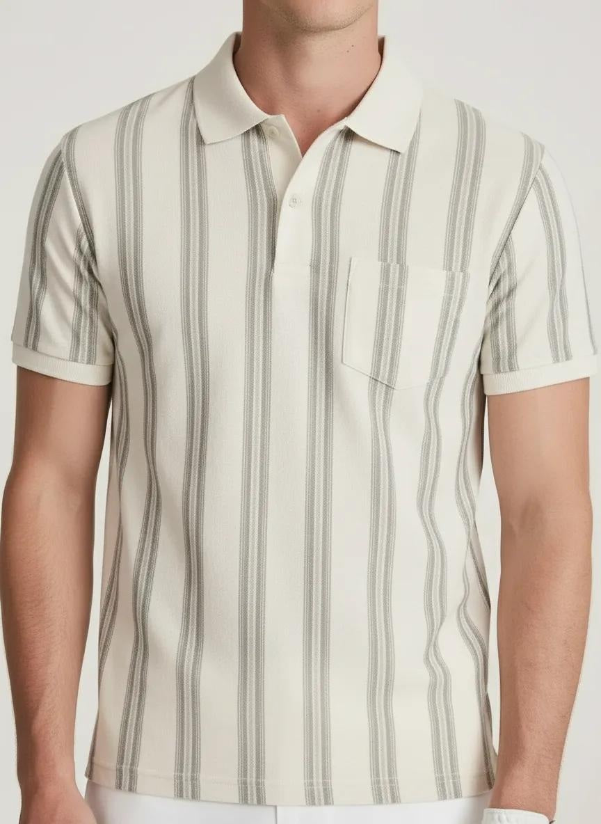 Men Striped Polo Collar Pockets T-shirt