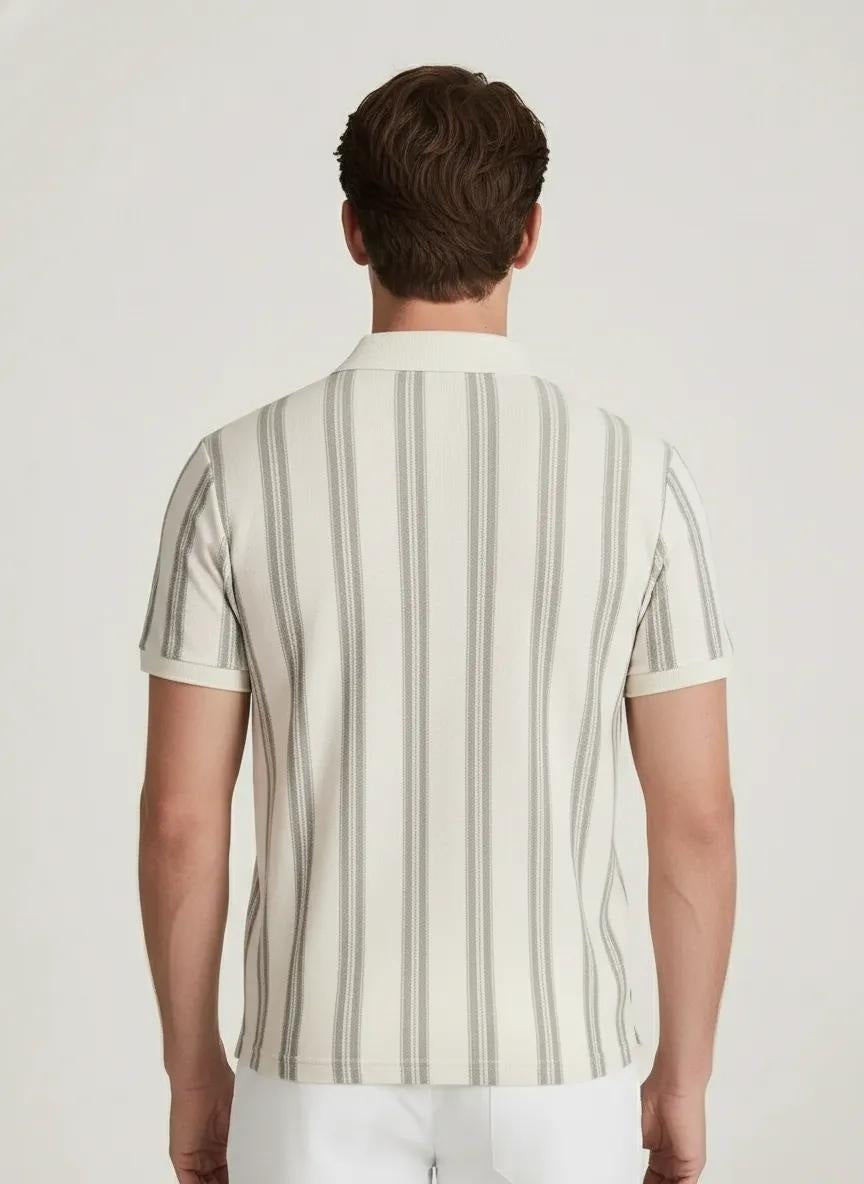 Men Sage Striped Polo Collar Pockets T-shirt