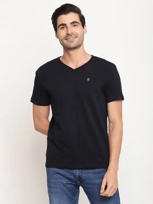 Octave Men Navy Blue Cotton V-Neck Regular Fit T-Shirt