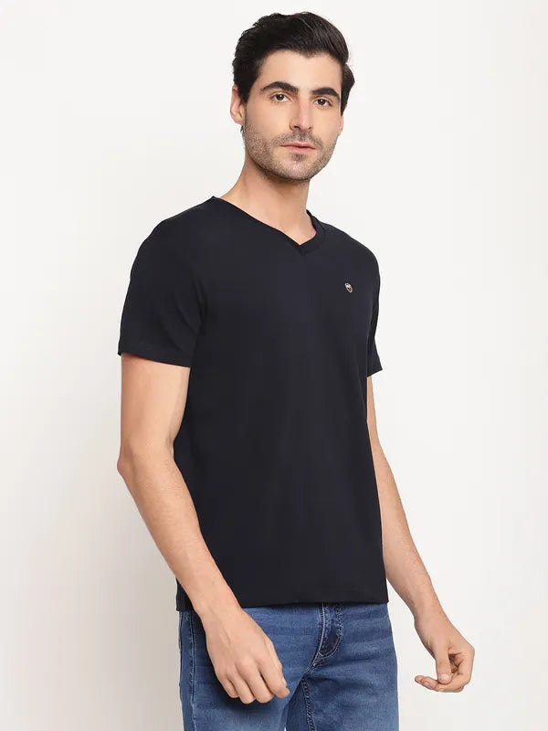 Octave Men Navy Blue Cotton V-Neck Regular Fit T-Shirt