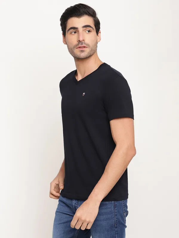 Octave Men Navy Blue Cotton V-Neck Regular Fit T-Shirt