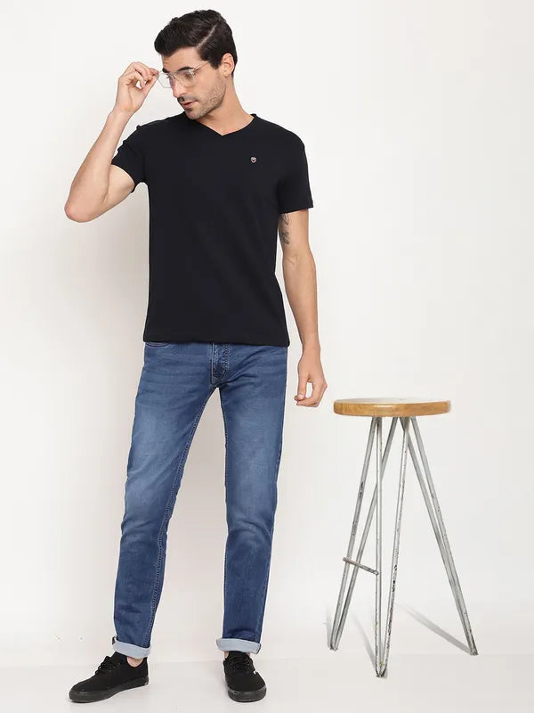 Octave Men Navy Blue Cotton V-Neck Regular Fit T-Shirt