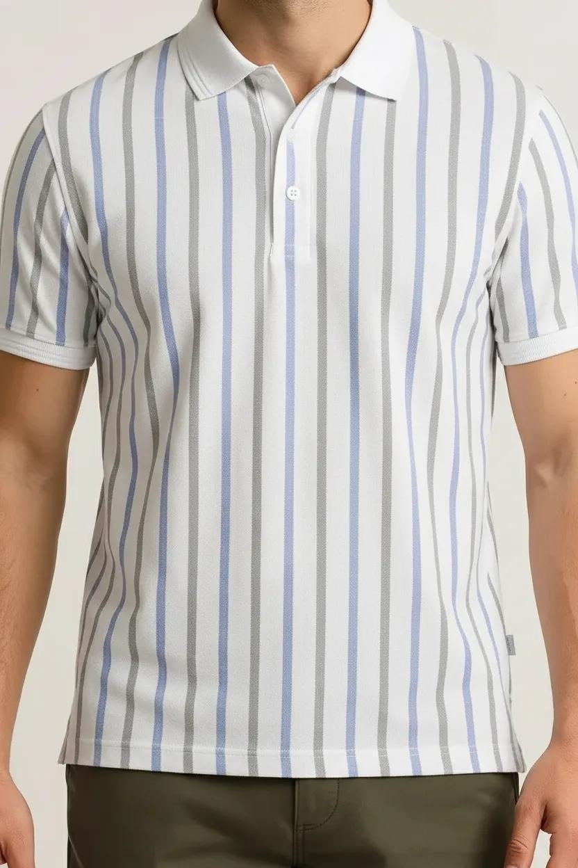 Octave Men Light Green Striped Polo Collar T-shirt