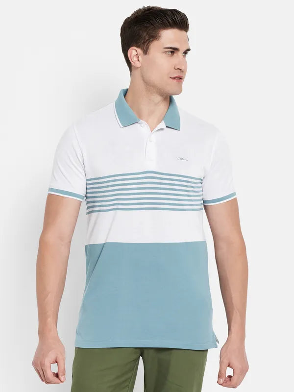 Octave Men Blue Striped Polo Collar T-Shirt