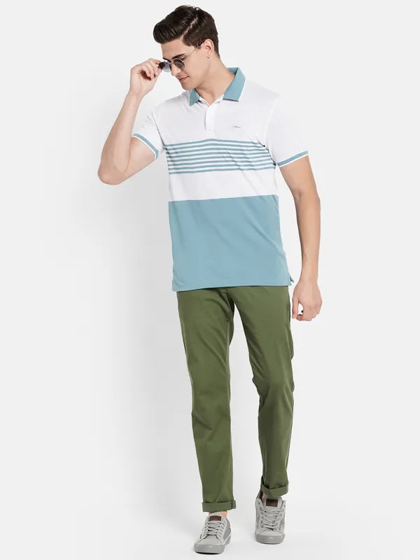 Octave Men Blue Striped Polo Collar T-Shirt