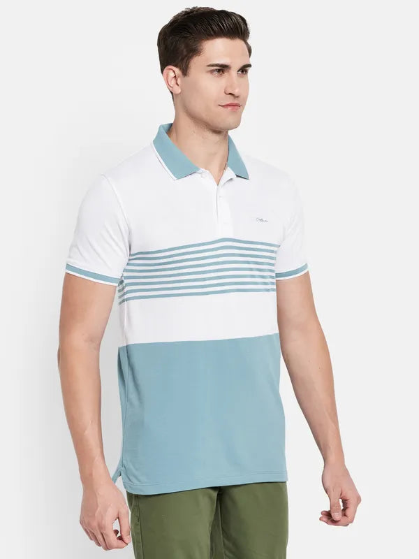 Octave Men Blue Striped Polo Collar T-Shirt