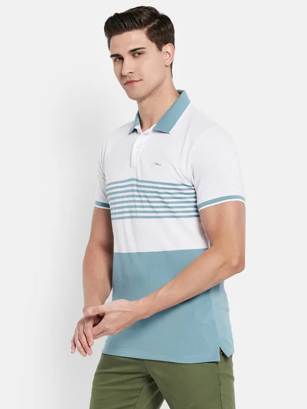 Octave Men Blue Striped Polo Collar T-Shirt