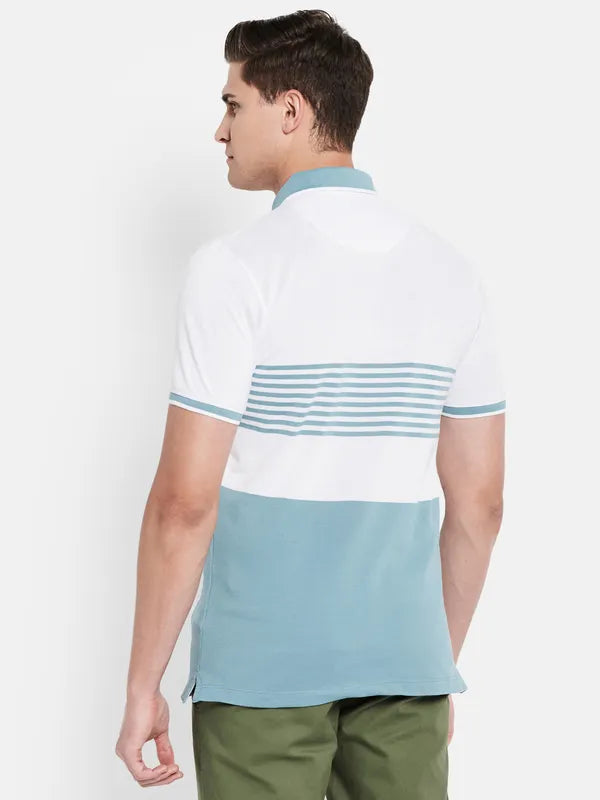 Octave Men Blue Striped Polo Collar T-Shirt