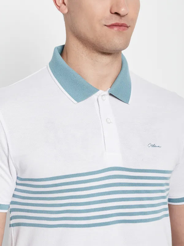 Octave Men Blue Striped Polo Collar T-Shirt